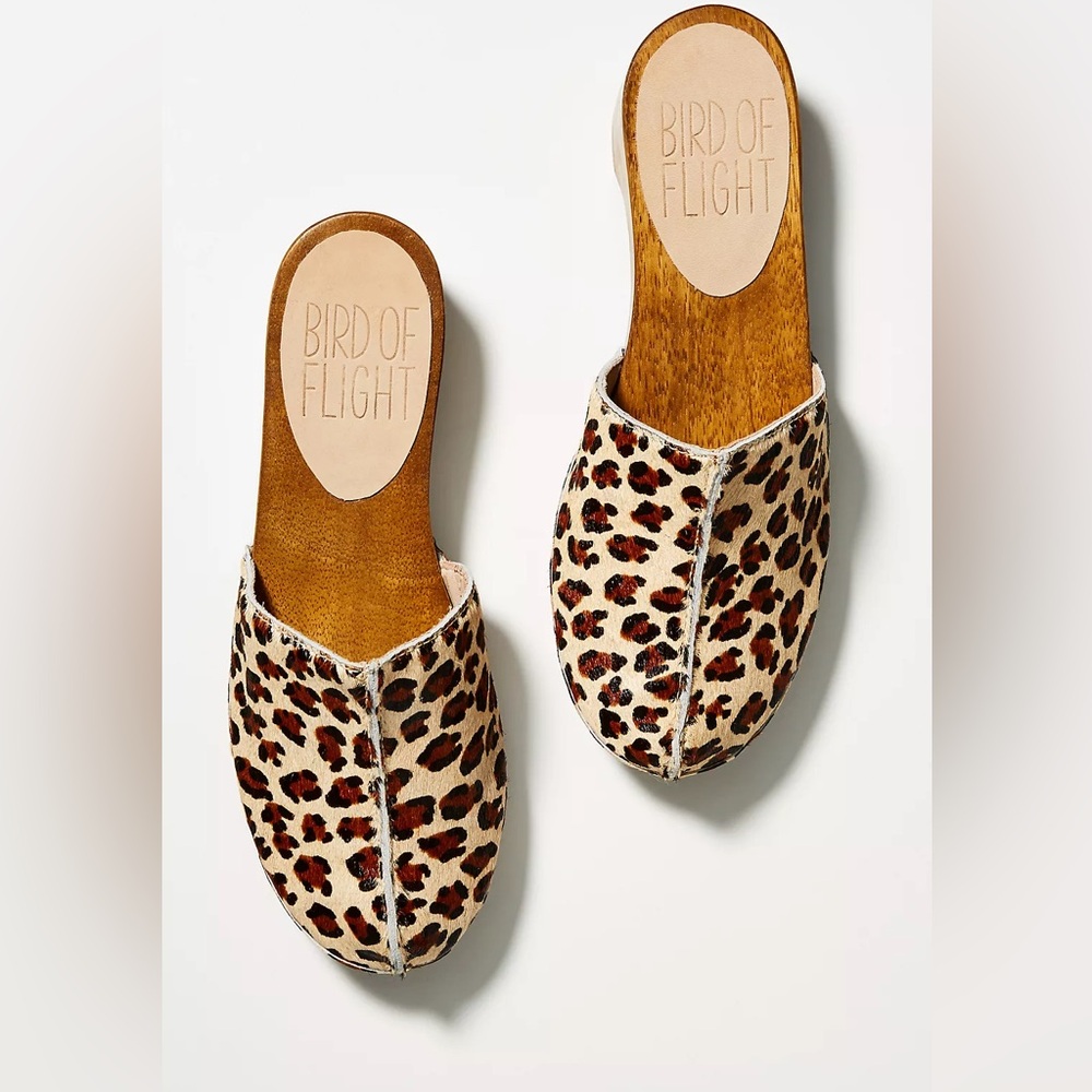 Bird Of Flight Calf Hair Leopard Print Wooden Heel Clogs Mules Size 10